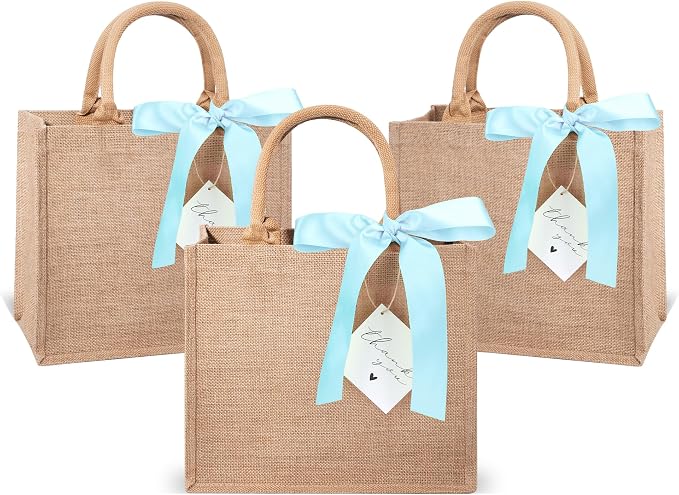 6 Pack Burlap Tote Bags with Handles Reusable Medium Jute Gift Bags with Blue Silk Ribbons Waterproof Lining for Wedding Bridesmaid Mother's Day Bachelorette Beach Party
