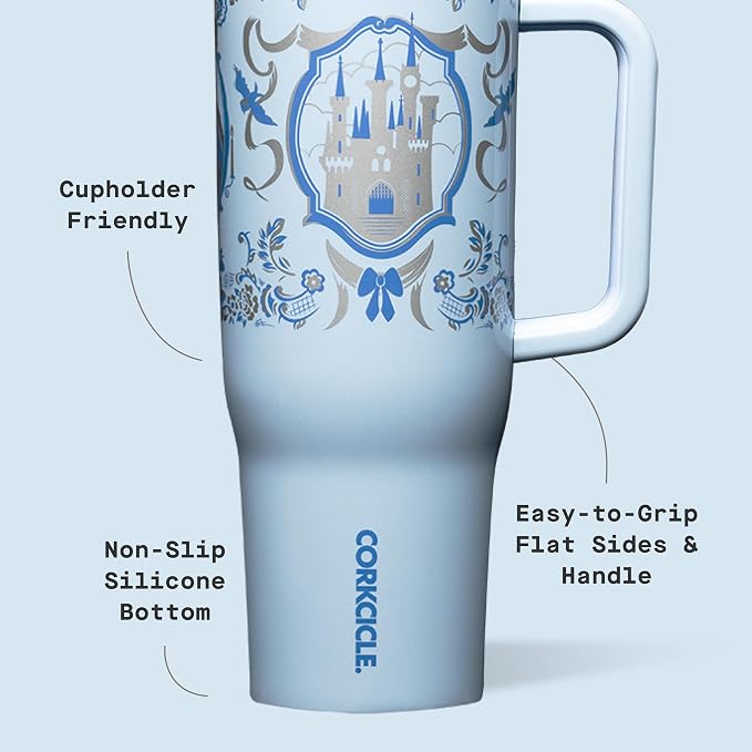 Corkcicle Cruiser Insulated Tumbler with Handle & Straw - Keeps Beverages Cold 20 Hours - Triple Insulated - Summer Drinkware Gift - Keeps Drinks Ice Cold - 40 oz - Princess Cinderella