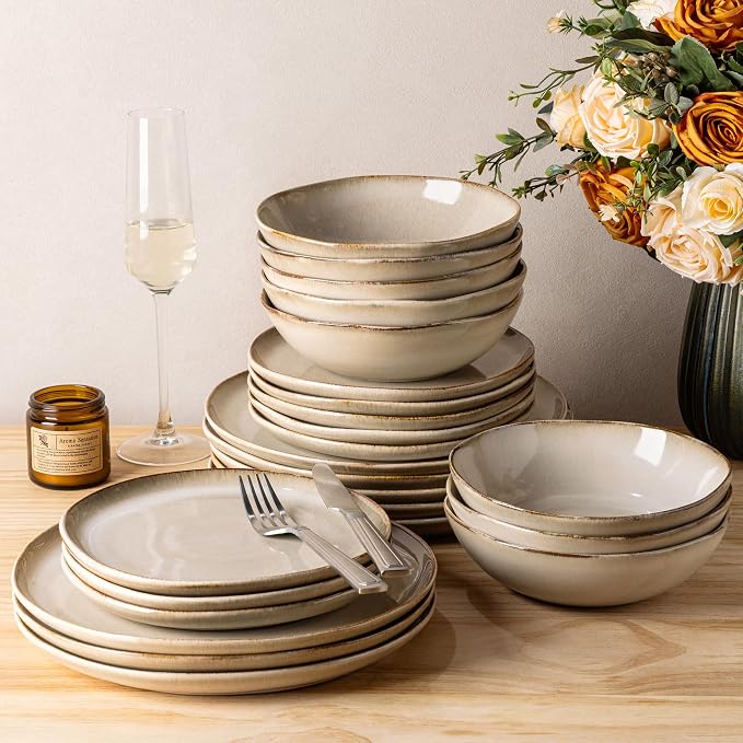 GBHOME Stoneware Dinnerware Sets for 8, 24 Pieces Rustic Earthenware Plates and Bowls Set, Handmade Reactive Glaze Ceramic Plate Sets, Chip Resistant Dishes, Microwave & Dishwasher Safe, Oatmeal Linen