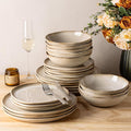 GBHOME Stoneware Dinnerware Sets for 8, 24 Pieces Rustic Earthenware Plates and Bowls Set, Handmade Reactive Glaze Ceramic Plate Sets, Chip Resistant Dishes, Microwave & Dishwasher Safe, Oatmeal Linen