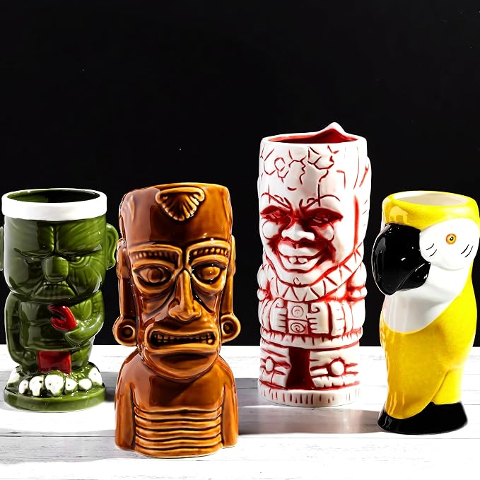 LEMONSODA Ceramic Hawaiian Tiki Glasses (Luau, Set of 4)