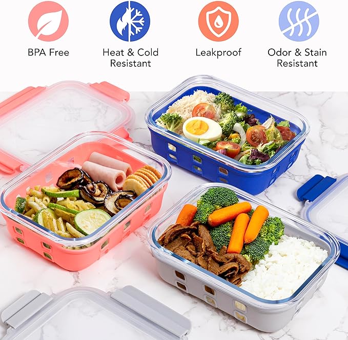 ECOBERI 4.5 Cup Glass Meal Prep Containers with Lids & Silicone Sleeves, 5-Pack Airtight, Leak-Resistant Food Storage Containers for Fridge, Freezer, Oven & Microwave