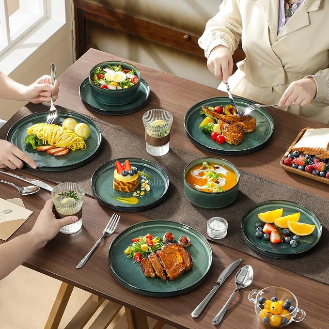 vancasso Starry Plates and Bowls Sets for 8, 24 Pieces Green Dinnerware Sets for Kitchen, Modern Stoneware Dishes Set, Dishwasher and Microwave Safe