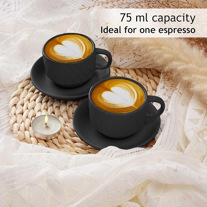 MIAMIO - 6 x 2.5 oz Stoneware Espresso Mug, Cup Set Modern with Stand and Saucers - Palmanova Collection (Black)