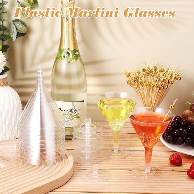 Irenare 100 Pcs 7 oz Plastic Martini Glasses and Cocktail Picks Set Disposable Clear Cocktail Dessert Glasses Unbreakable Mini Cups for Wedding Party Wine Appetizers Food