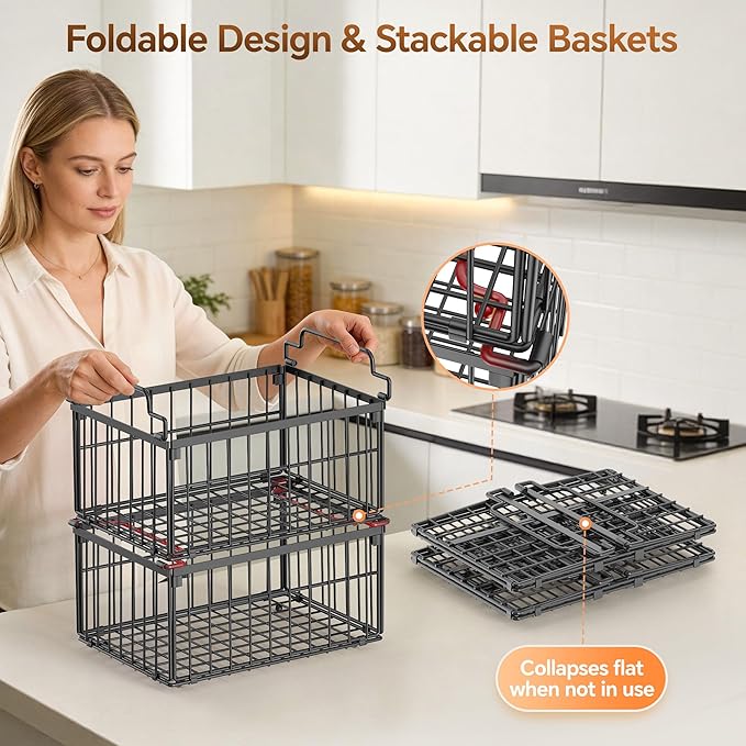 Freezer Organizer Bins, Enlarged Stackable Deep Chest Freezer Organizer Bins, Foldable Baskets with Handles, Storage Container Baskets for 5 to 9 Cu.FT Deep Freezer Sort Frozen Meats (black 3 pack)