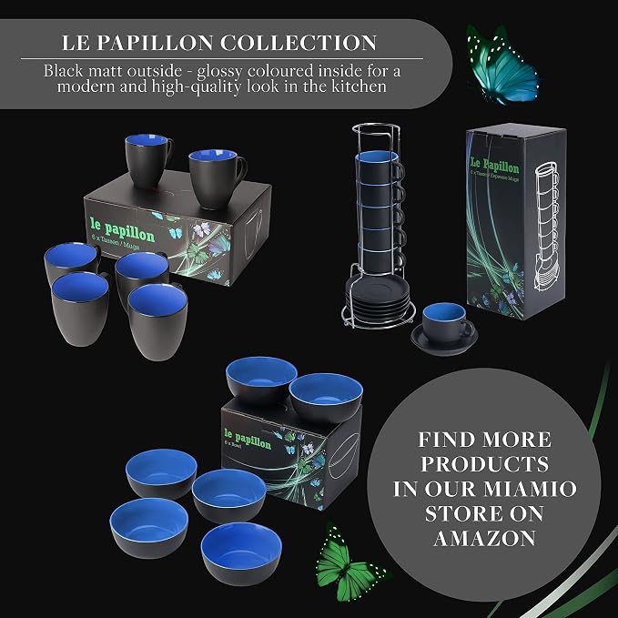 MIAMIO - Set of 6 Stoneware Coffee Mugs 12 Ounce/Cup Set - Le Papillon Collection (Black-Blue)