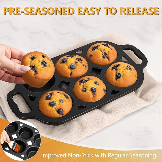 6 Cup Cast Iron Muffin Pan - Pre-Seasoned Nonstick Muffin Tin, Regular Size Cupcake Baking Pan