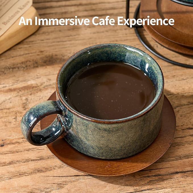 LUKA 6 Ounce Porcelain Stackable Espresso Cups with Saucers and Metal Stand Set of 4, Ceramic Cappuccino Cups Set for Specialty Coffee Drinks, Latte, Cafe Mocha and Tea, Kiln Tide Glaze