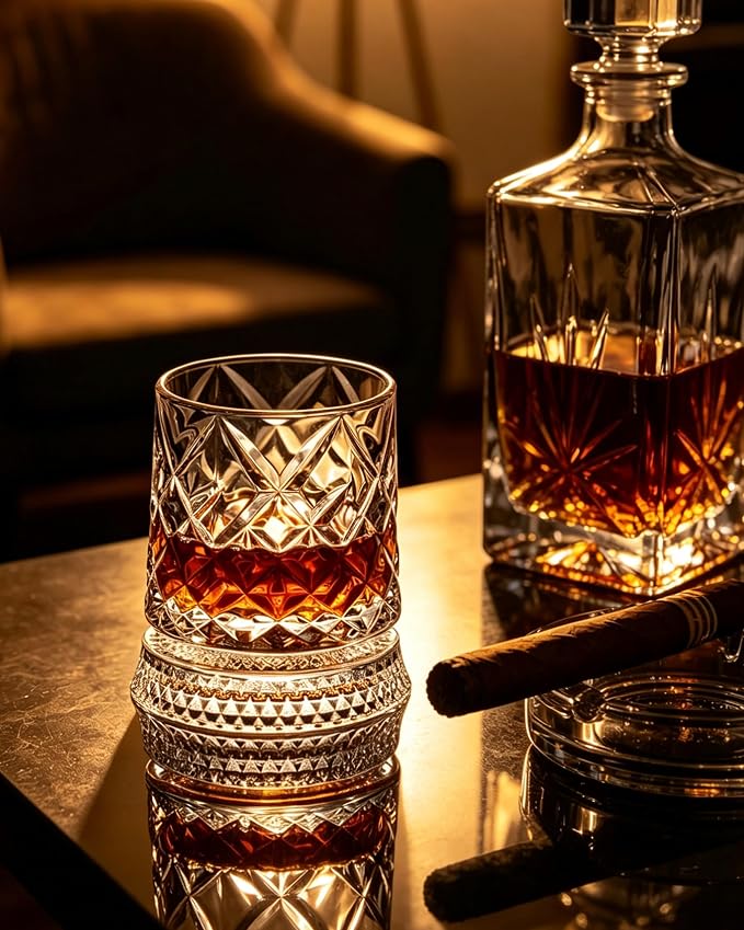 CEEFU Old Fashioned Whiskey Glasses with 360° Rotating Base, Set of 2 (2 Crystal Glasses Set, 2 Big Ice Ball Molds) In Gift Box - Bourbon, Cocktail, Rocks, Bday Gifts Ideas for Men, Ice Crackle
