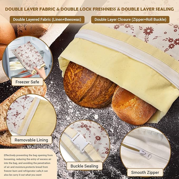 Large Linen Beeswax Bread Bags(2 Pack) Sourdough Bread Bags Reusable Double-Lock Freezer Baking Container Gift Giving for Homemade,Loaf,Sourdough,Food Storage (Flowers 2)