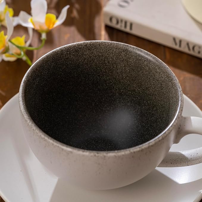 Ceramic Coffee Cup and Saucer Set, 10oz Handcrafted Speckled Latte Cappuccino Mug with Matching Saucer, Matte White Exterior & Black Interior, Espresso Tea Cup for Home Kitchen Cafe Daily Use Gift