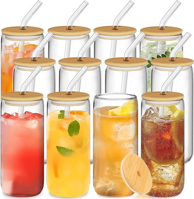 12 Pcs Glass Cups with Bamboo Lids and Straws - 20oz Glass Tumbler, Iced Coffee Cup, Can Shaped Drinking Glasses for Coffee, Tea, Smoothie, Juice, Cocktail Include 2 Cleaning Brushes