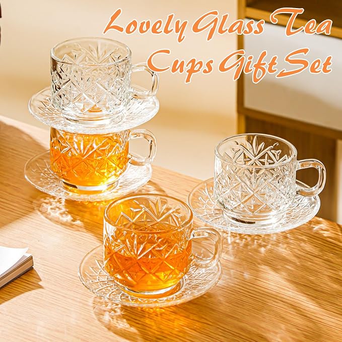 Atarvana 6 Pack Glass Tea Cups and Saucers Set with Spoons, Glazeal Stackable 5.41oz/160ml Heat-Resistant Espresso Cups, Transparent Tea Glass for Cappuccino, Latte, Cafe and Home Kitchen Use