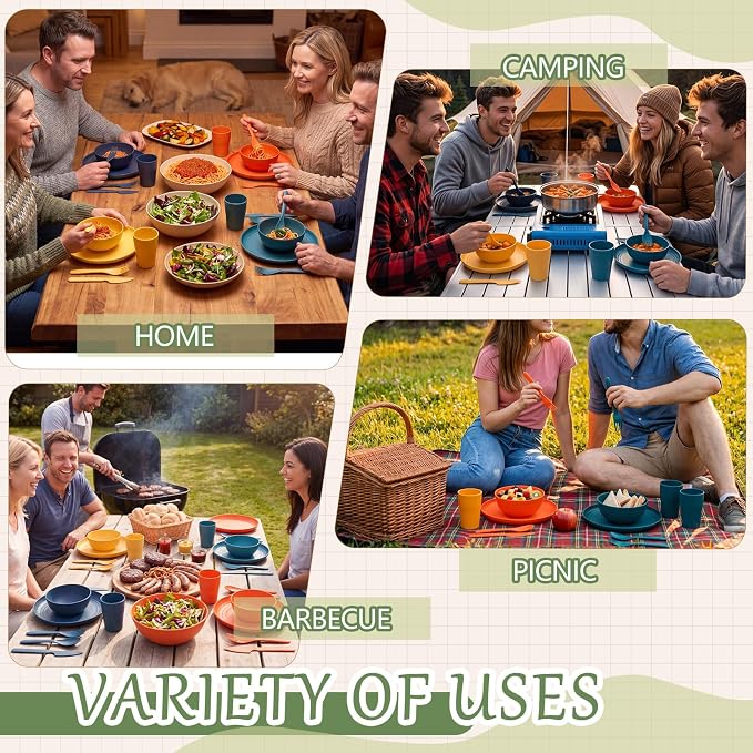 Zhehao 72 Pcs Wheat Straw Dinnerware Sets for 12 Dishwasher Microwave Safe Unbreakable Reusable Kitchen Cups, Plates, Bowls Cultery Sets for Patio, Outdoors, Rv, Camping Dishes (Multicolor)