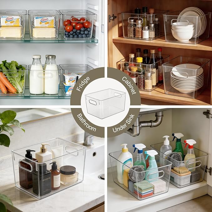 Hudgan Set of 4 Clear Plastic Storage Bins, 4 Large Storage Containers for Pantry Organizers, Home Edit, Kitchen Cabinet, Refrigerator, Under Sink Organization, Bathroom, Office