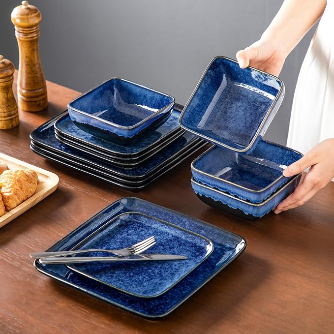 vancasso Stern Blue Square Dinnerware Set for 4, 16 Piece Reactive Glaze Stoneware Plates and Bowls Set, Modern Kitchen Dish Set with Dinner Plates, Salad Plates, Soup Plates and Bowls