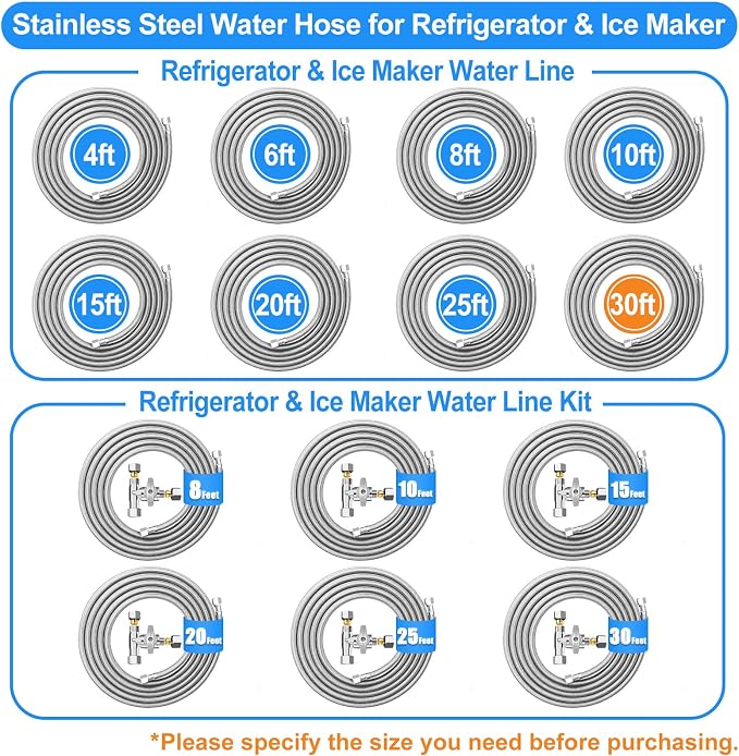 Refrigerator water line (2Pcs) - 20 FT + 30 FT Premium Stainless Steel Braided Ice Maker Water Hose,Food grade PEX Inner Tube Fridge Water Line with 1/4" Fittings for Refrigerator Ice Maker