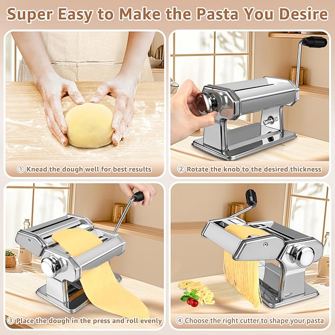 Pasta Maker - 7 Thickness Settings Pasta Roller & 2-in-1 Cutter, Stainless Steel Pasta Machine for Spaghetti, Fettuccine, Ravioli, Lasagna - Includes Hand Crank & Table Clamp