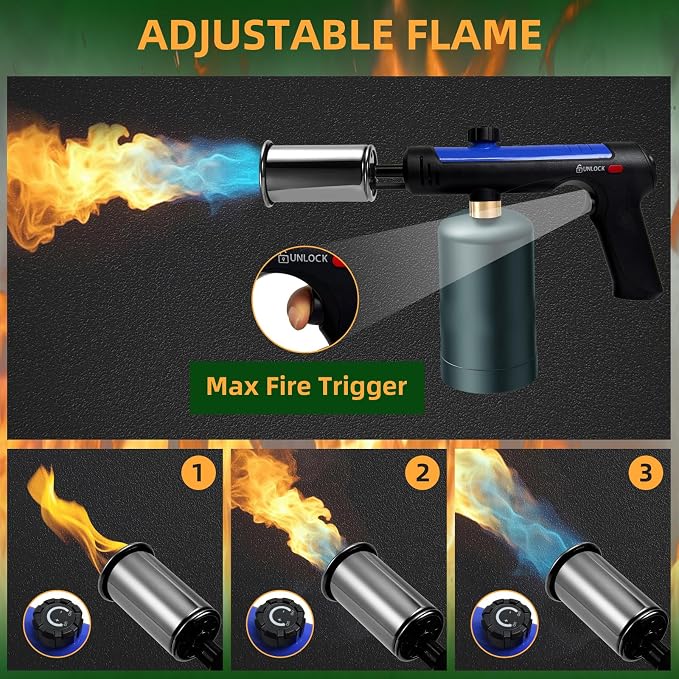 Powerful Propane Torch with One-Touch Max Fire, Adjustable Kitchen Torch with Safety Lock, Flamethrower, Blow Torch Gun for Grill, BBQ, Sous Vide, Campfire Starter (Tank Not Included)