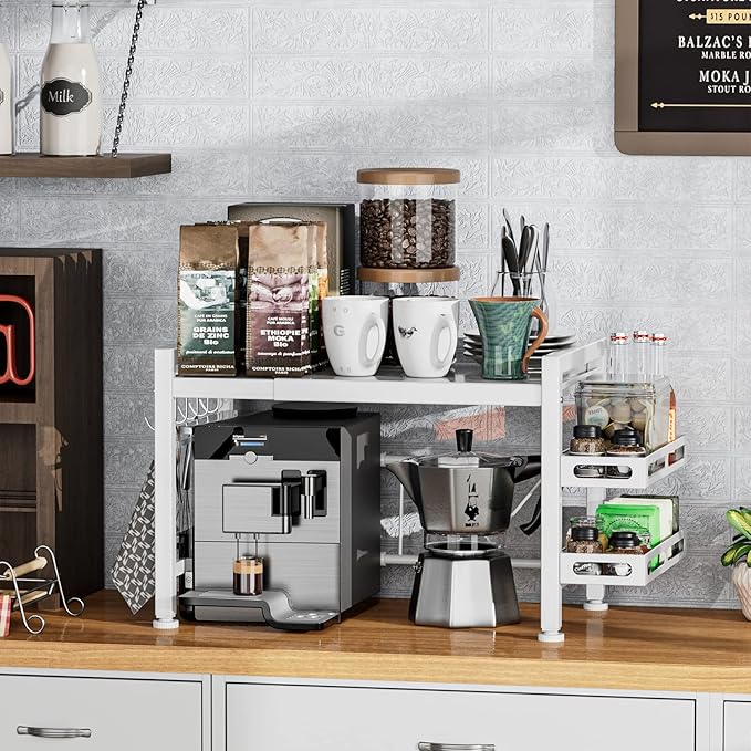 YIUKEA Over the Microwave Shelf - Adjustable Countertop Stand 2 Tier Rack (L15.723.6" xW12.8 xH17.7) with Spice Organizer and 6 Hooks for Kitchen White