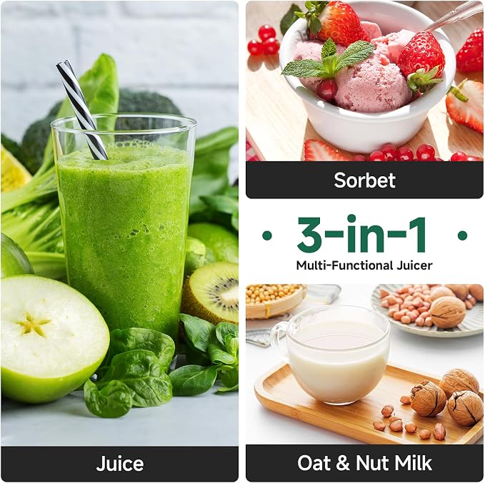 AMZCHEF Cold Press Juicer Machine, 5.8" Wide Chute for Whole Fruits & Vegetables, Self-Feeding Slow Masticating Juicer, 3-in-1 for Juice, Nut Milk & Sorbet, Triple Filtration, Easy Clean