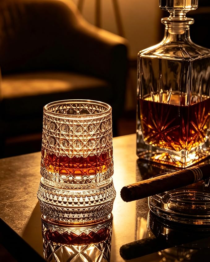 CEEFU Old Fashioned Whiskey Glasses with 360° Rotating Base, Set of 2 (2 Crystal Glasses Set, 2 Big Ice Ball Molds) In Gift Box - Bourbon, Cocktail, Rocks, Bday Gifts Ideas for Men, Gem Pattern