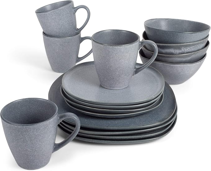 Elanze Designs 16-Piece Modern Luxury Chic Smooth Vintage Handmade Shape Matte Finish Ceramic Stoneware Square Plate Mug & Bowl Kitchen Dinnerware 16 Piece Set - Service for 4, Slate Grey