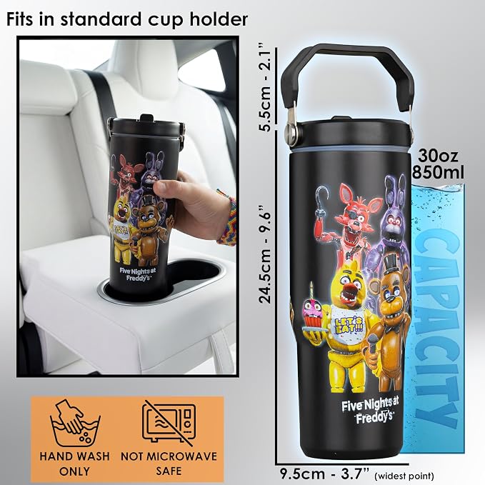 Get Trend Five Nights at Freddy’s 30oz Tumbler with Handle and Straw, Stainless Steel Insulated Water Bottle, BPA-Free, Leak-Proof, Cold for 12h, Hot 5h, Gifts for Men, Teens (Black FNAF)