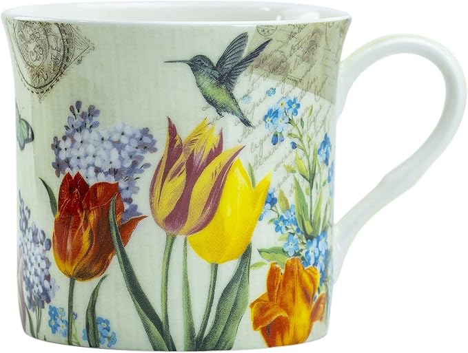 Bone China Coffee Tea Mugs 10-Ounce, Assorted (Botanical Bird Garden), 4 Count (Pack of 1)