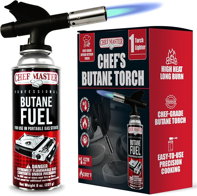 Chef's Torch, Kitchen Torch, Cooking Torch, Refillable Butane Torch Lighter w/ Adjustable Flame for Searing Steaks, Creme Brulee, Desserts, BBQ, Baking, Craft by Chef Master 90014(Butane Not Included)