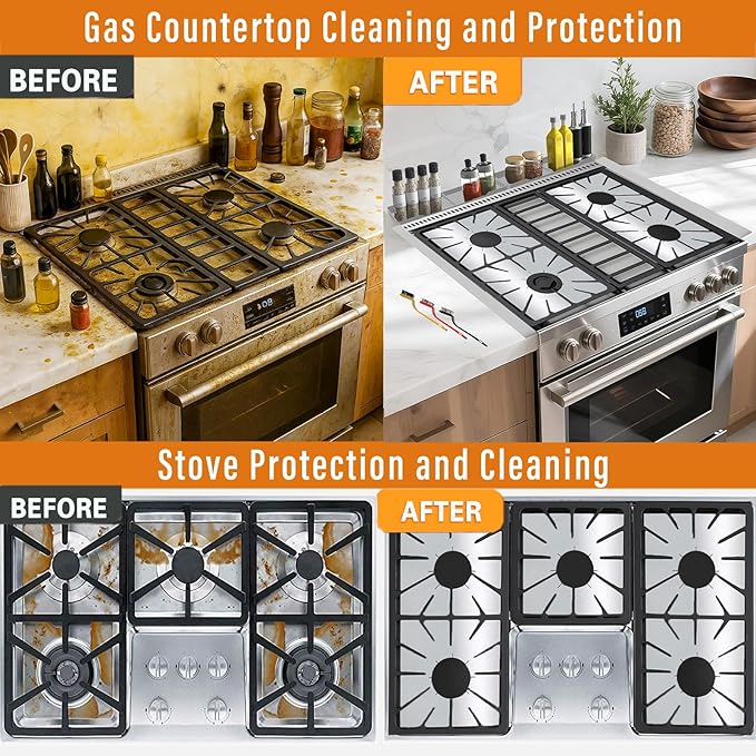 Stove Gap Covers Stainless Steel 2PC(0.08"–0.7" W,13.8"–27.5" L)+30"(2×15") Silicone Magnetic Stove Shelf+4PC Gas Burner Covers|Heat Resistant Non-Stick Range Accessories,Bonus Cleaning Brushes