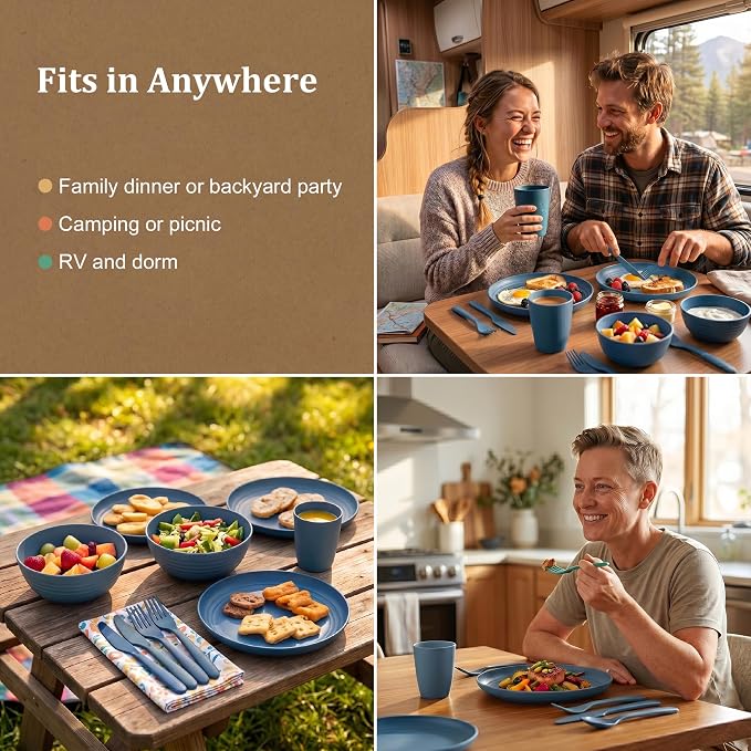 Wheat Straw Dinnerware Sets 24 Piece, Unbreakable Plates and Bowls Sets for 4, Reusable Plastic Dishes Set, Microwave and Dishwahser Safe Kitchen Set, Apartment and Kitchen Essentials - Blue