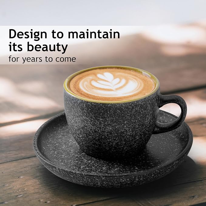 MIAMIO – 6.4 Ounce Ceramic Stackable Cappuccino Cup with Saucers and Metal Stand – Set of 6 Stoneware Cappuccino Mug Set for Specialty Coffee Drinks, Americano, Latte – Las Palmitas Collection