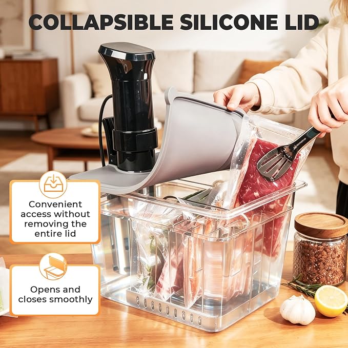 HOMENOTE Sous Vide Container 12 Quart with Collapsible Silicone Lid,Complete Sous Vide Accessories Kit BPA Free,Compatible with Anova and Most Sous Vide Cookers（Comes with Rack and Sleeve）