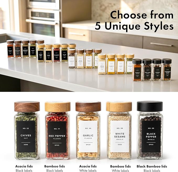 EDELHAUS® Square Spice Jars with Acacia Wooden Lid (Pack of 24) Spice Jars with Shaker Insert and 240 Labels - Acacia Lids Glass Container for Spice Organisation [4.3 in × 1.8 in]