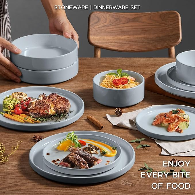 Onader Plates and Bowls Sets, 16 Pieces Stoneware Dinnerware for 4, Kitchen Dinner Dish Set with Pasta Bowl, Ceramic Dishware Dining Ware, Microwave & Dishwasher Safe - Slate Gray