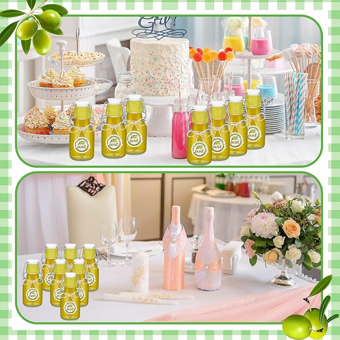 Queekay 20 Pack Mini Swing Top Glass Bottles for Vanilla Extract Homemade Olive Oil Bottles with Lids Airtight Cap Lids Labels for Wedding Baby Shower Favors(2 oz,Clear)