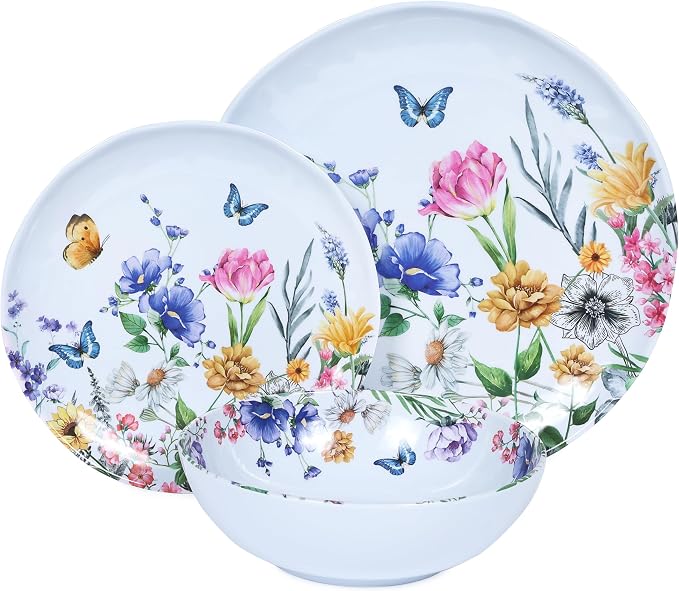 12 Piece Melamine Dinnerware Sets - Plates And Bowls Sets Floral Dinnerware Sets- Spring Camping Dishs Indoor Outdoor Use,Flowers And Butterflies Pattern