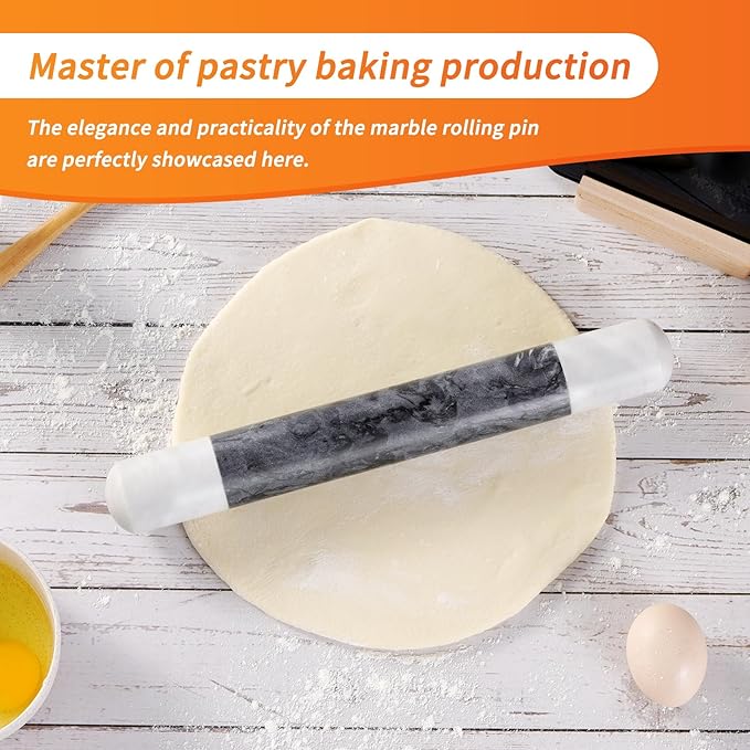 Tianman French Marble Rolling Pin.12 Inchs Marble Rolling Pin for Baking With Wooden Base Holder Stand-Non-Stick Baking Roller for Baking Fondant, Pizza,Cookies,Crust,Pasta(White-Black-White)