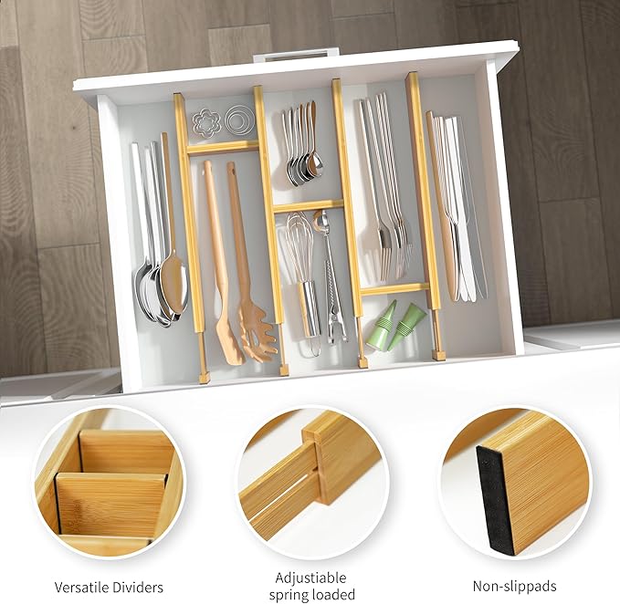 EcoFives Adjustable Bamboo Drawer Dividers with Inserts, Expandable Spring-Loaded Drawer Organizer for Kitchen, Clothes, Tools, Silverware, Bamboo Organizer Separators - 4 Large Pieces