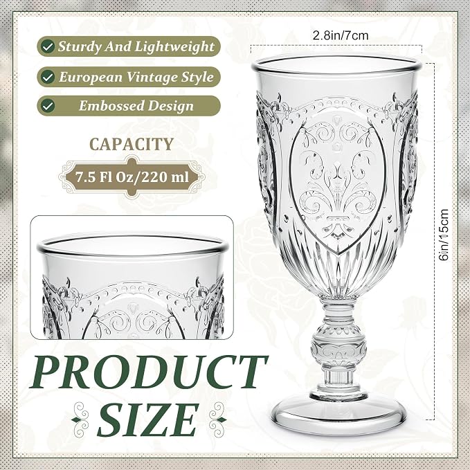 Wiwiqing 48 Pcs Plastic Goblets 7.5oz Vintage Goblet Plastic Wine Glasses Colored Retro Embossed Water Goblets for Wine Bar Juice Baby Shower Wedding Reception Grand Event Party (Clear)