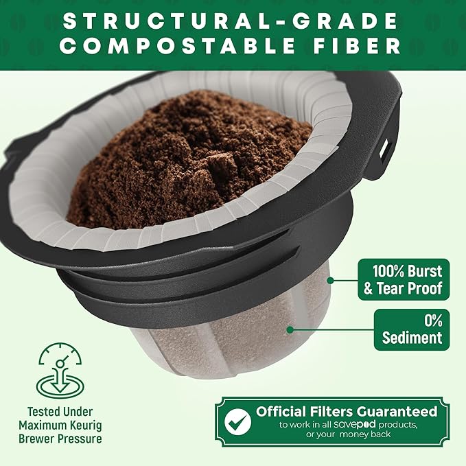 Savepod Coffee Pod Maker Bundle – Reusable Pod Maker Kit Includes Universal Ring, Stainless Steel Scoop, 50 Compostable Filters & Manual PodMaker for Keurig Coffee Maker, Daily Coffee Refill, Black