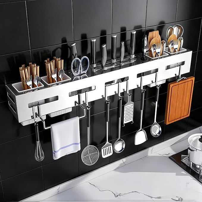 Thickened Stainless Steel Under Cabinet Knife Holder – Wall Mount Utensil Organizer with Dual Fork & Spoon Holders, Towel Bar, 8 Movable Hooks（15.74inch）