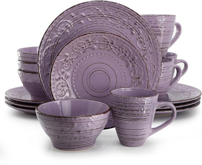 Elama Malibu Mica 16-Piece Stoneware Embossed Pattern Reactive Glaze Purple Dinnerware Set, Tableware, Serveware Set (Mica Purple)