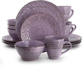 Elama Malibu Mica 16-Piece Stoneware Embossed Pattern Reactive Glaze Purple Dinnerware Set, Tableware, Serveware Set (Mica Purple)