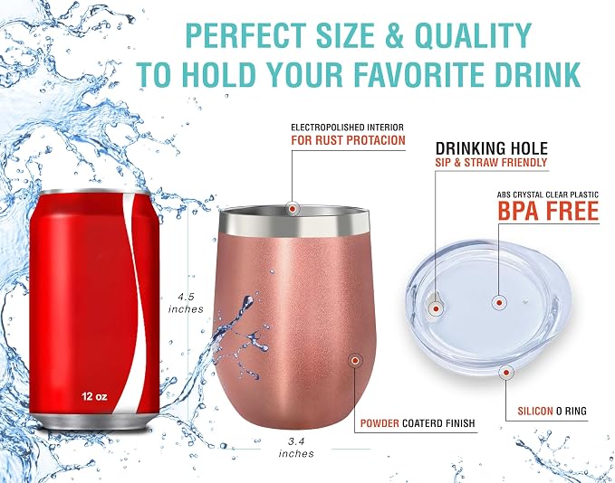 CHILLOUT LIFE 12 oz Stainless Steel Wine Tumblers 2 Pack - Double Wall Vacuum Insulated Wine Glasses Cups with Lids and Straws Set Keeping Cold & Hot for Coffee, Beer, Ice Cream - Rose Gold