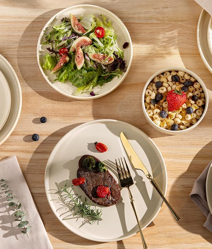 TheTerra Ceramic Dinnerware Sets for 8, 24 Pieces Handmade Reactive Glaze Plates and Bowls Set, Scratch Resistant Dish Set, Oven & Microwave & Dishwasher Safe, Matte White