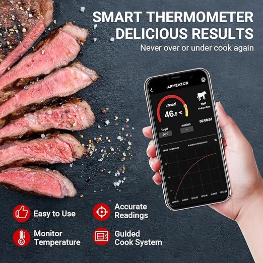 ARMEATOR Digital Meat Thermometer with 4 Probes, Bluetooth Meat Thermometer with LCD-Enhanced Booster for Food Cooking Grill Smoker