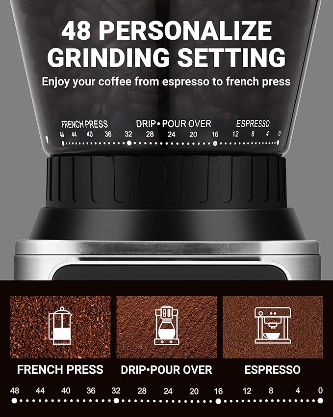 AMZCHEF Coffee Grinder, Coffee Bean Grinder for Home Use with Precise Grinding, LED Control Panel, Detachable Funnel Stand, Anti-static Design, 48 Grind Settings, Metallic Silver